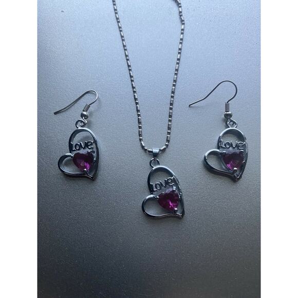 PURPLE Crystal Rhinestone Gemstone Heart Necklace Earrings Set Valentines Day - Picture 2 of 2